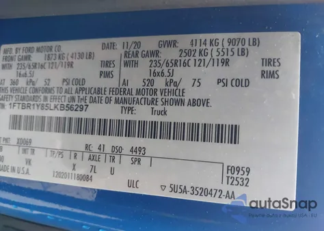 2020 Ford Transit-250 Cargo Van из США, поврежденный, VIN 1FTBR1Y85LKB56297